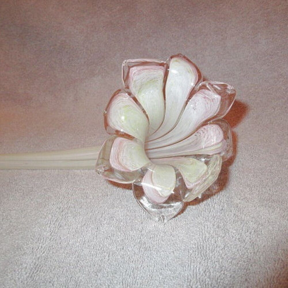 Vtg Hand Blow Art Glass Flower 22” Long Stem 8 Petals Pink Cream Tan Swirl EUC
